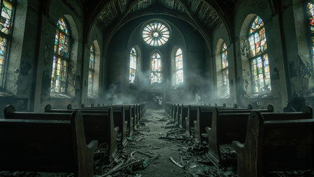 Eerie fog swirls through a decayed church with shattered stained glass windowsの素材