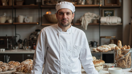 Proud baker in white coat with pastries bread warm oven and flour dusted counter in bakeryの素材