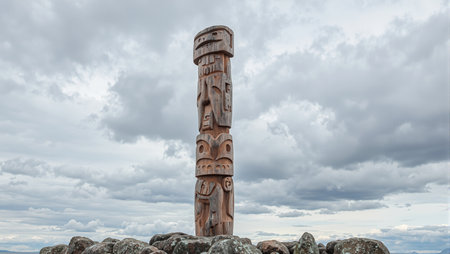 Abstract wooden totem pole on rocky plateau under dramatic swirling cloudsの素材