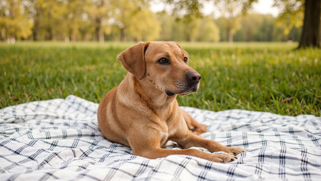 Adorable dog resting on a colorful picnic blanketの素材