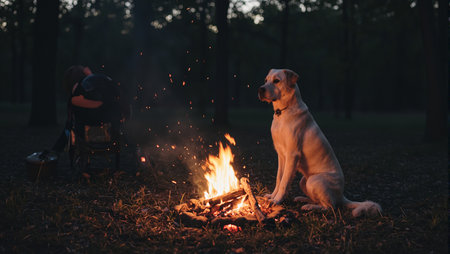 Cozy dog beside glowing campfireの素材