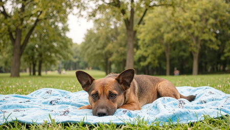 Adorable dog relaxing on a picnic blanket in a sunny parkの素材
