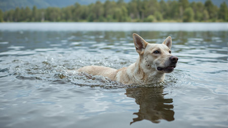 Playful dog enjoying a swim in a serene lakeの素材