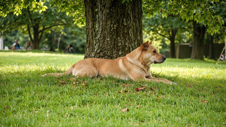 Tranquil dog napping beneath a cool treeの素材
