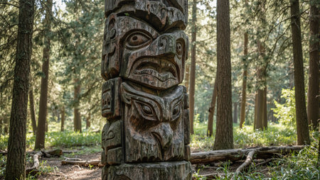 Intricate totem pole with wolves and eagles in forest clearingの素材