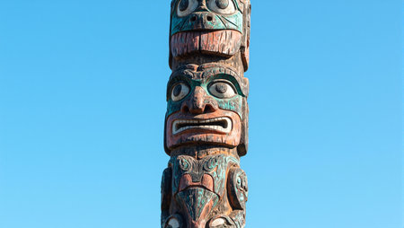 Majestic totem pole adorned with mythical creatures gleaming in sunlight against a blue skyの素材