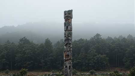 Rustic totem pole with animal carvings in foggy forest settingの素材