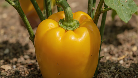 Vibrant yellow banana pepper on plant with sunlight reflecting on smooth surfaceの素材