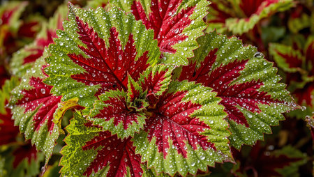 Vibrant coleus leaf with dew drops intricate patterns in red and greenの素材