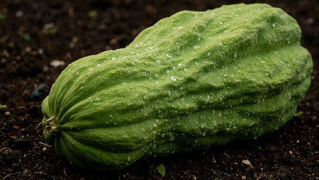 Fresh green chayote squash with water droplets on soilの素材