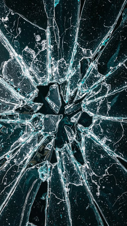 Shattered glass fragments reflecting light in dynamic patternsの素材