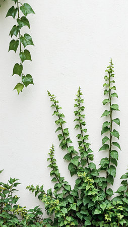 Stylish stucco wall with lush hanging plants in contrasting greensの素材
