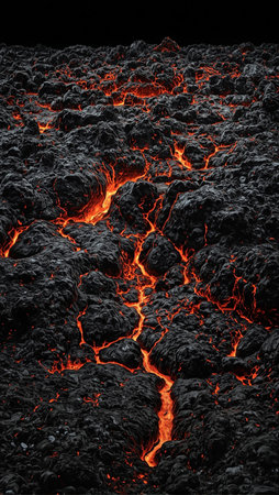 Molten lava cooling into black volcanic rock with glowing orange streaksの素材