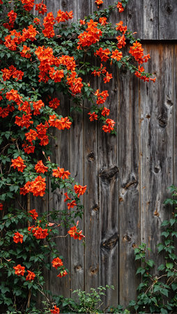 Vibrant orange trumpet vine on rustic barn wallの素材