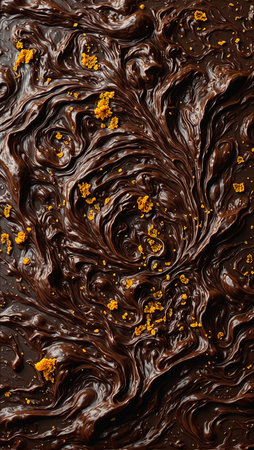 Luxurious molten chocolate with orange zest swirls on dark surfaceの素材