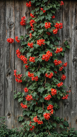 Vibrant orange trumpet vine on rustic barn wallの素材