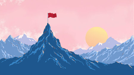 Picturesque mountain peak with waving red flag at sunset in soft pink and orange huesの素材