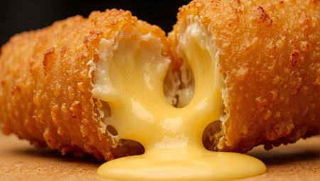 Cheese stick oozing hot melted cheese with crunchy golden crustの素材