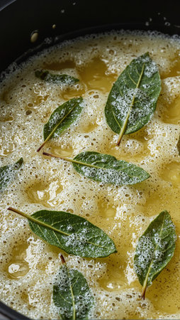 Sizzling melted butter with sage leaves in skilletの素材