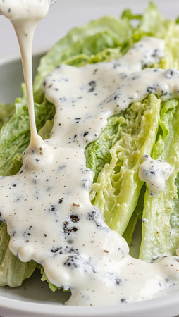 Creamy blue cheese dressing poured over wedge salad on stock photoの素材