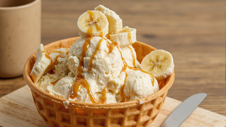 Delicious caramelized banana ice cream in waffle bowl with caramel drizzle sliced bananasの素材