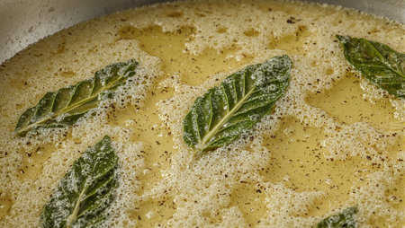 Sizzling melted butter with sage leaves in skillet golden texture with frothy bubblesの素材