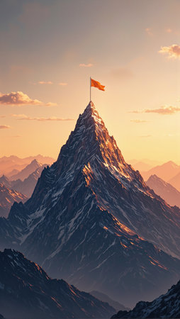 Majestic mountain peak at golden hour with waving flagの素材