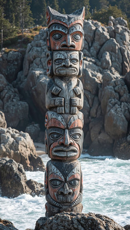 Mystical totem pole on rocky shore adorned with geometric carvings in earth tonesの素材