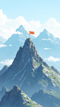 Majestic mountain peak with orange flag and soft cloudsの素材