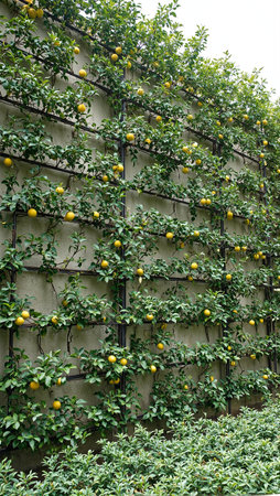 Lemon trees on garden wall with neat rows of fruitの素材