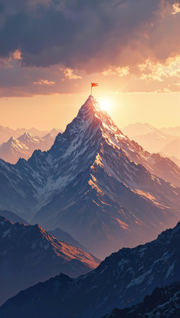 Majestic mountain peak at golden hour with waving flagの素材