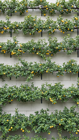 Lemon trees on garden wall with neat rows of fruitの素材
