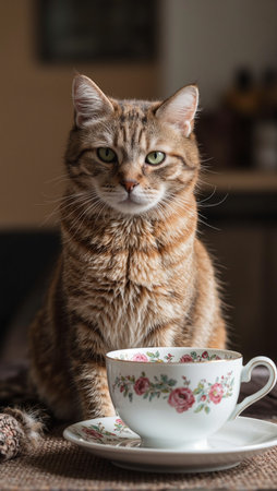 Adorable cat next to teacupの素材