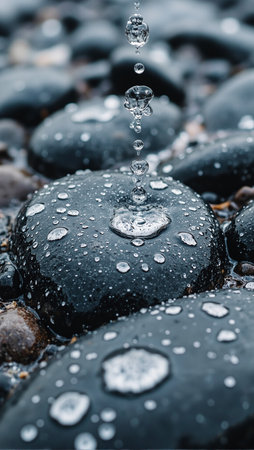 Tranquil water droplets flowing over pebbles in close up viewの素材