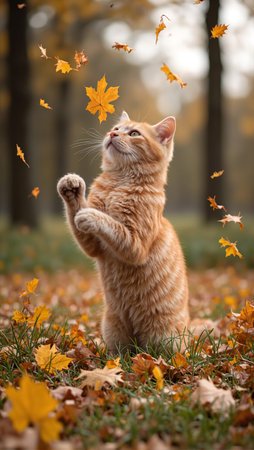 Playful cat chasing autumn leaves outdoorsの素材