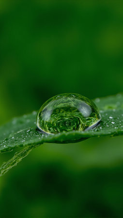Singular water droplet on leaf displaying mirrored miniature universeの素材