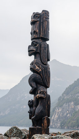 Majestic totem pole with bird and bear motifs framed by misty mountainsの素材