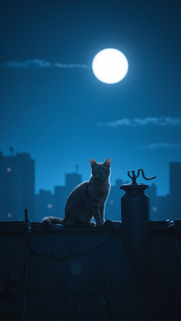 Majestic cat under moonlight on rooftopの素材