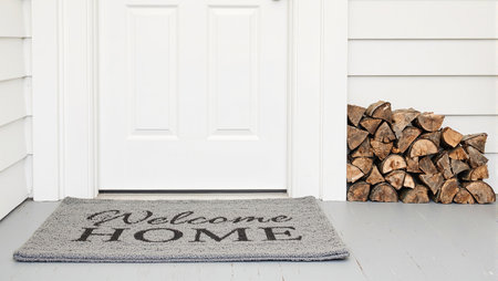 Inviting front door with Welcome Home mat adorned with neatly stacked firewood Ideal for homey welcoming conceptsの素材
