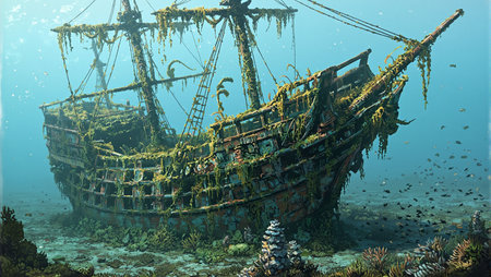 Explore the eerie beauty of a sunken shipwreck overtaken by marine life a haunting underwater world where history meets the seaの素材