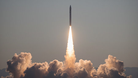 Vibrant ballistic missile launch with fiery engines blazing casting a dramatic plume of smoke in the dusky skyの素材