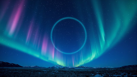 Stunning emerald and fuchsia auroras dance in a midnight blue sky encircling a profound sense of emptinessの素材