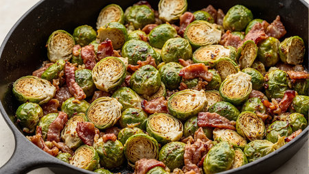 Savory Brussels sprouts and bacon sizzling in a skillet sprinkled with cracked pepper  a delightful golden brown culinary masterpieceの素材