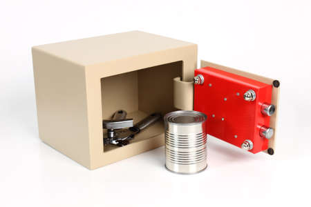 open metal safe with a opener on white backgroundの写真素材