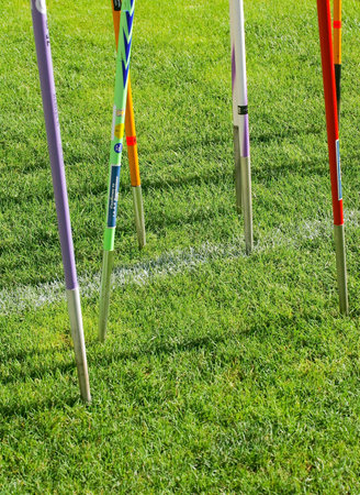 javelin in grass fieldの写真素材