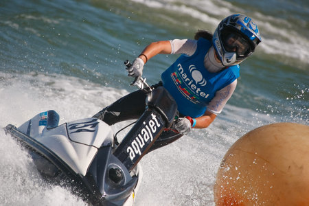 1CALDAS DA RAINHA, PORTUGAL - JUNE 11: Mariana Pontes in Portuguese Jet Sky Championship on Obidos lagoon June 11, 2011 in Caldas da Rainha, Portugalのeditorial素材
