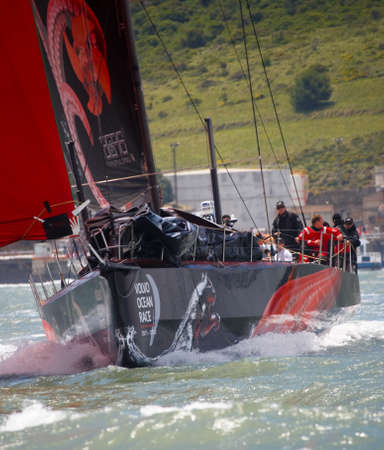LISBON, PORTUGAL - JUNE 9: Puma Ocean Racing Powered by Berg Propulsion in Volvo Ocean Race - Lisbon StopOver June - Harbour Race 9, 2012 in Lisbon, Portugalのeditorial素材