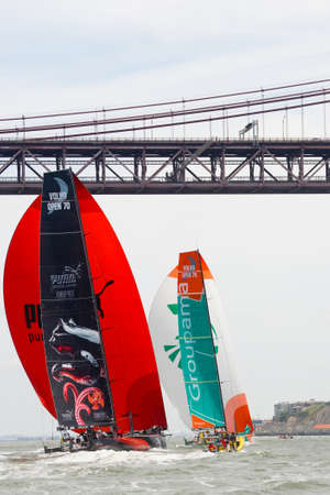 LISBON, PORTUGAL - JUNE 9: Puma Ocean Racing Powered by Berg Propulsion in Volvo Ocean Race - Lisbon StopOver June - Harbour Race 9, 2012 in Lisbon, Portugalのeditorial素材