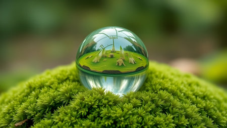 Crystal ball on green moss in the forest. Environment conservation concept.の素材