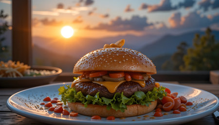 Double cheeseburger with french fries on wooden table with sunset.の素材